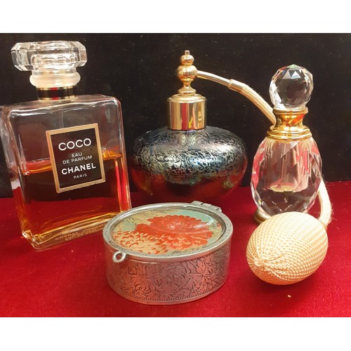 76 - Chanel-A partial bottle of Chanel Coco Eau de Parfum together with 2 decorative scent bottles and a ... 