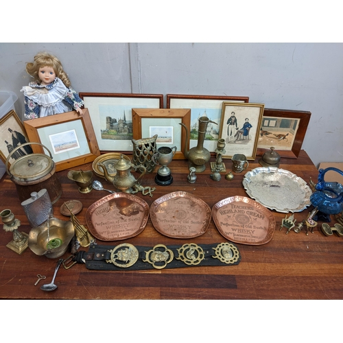 195 - A collection of metalware, framed prints and other items to include three copper Teachers Highland c... 