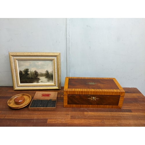 27 - A mahogany inlaid box with three compartments and twin handles, a boxed vintage dominoes set, an oak... 