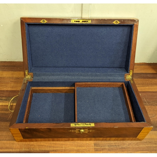 27 - A mahogany inlaid box with three compartments and twin handles, a boxed vintage dominoes set, an oak... 