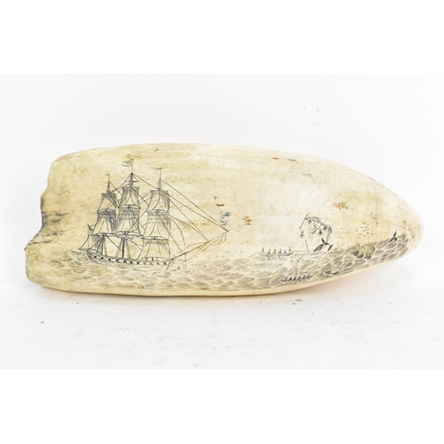 130 - A 19th century whales tooth scrimshaw, incised with an image to one side depicting a scene of a sail... 