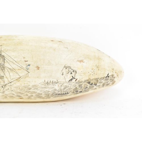 130 - A 19th century whales tooth scrimshaw, incised with an image to one side depicting a scene of a sail... 