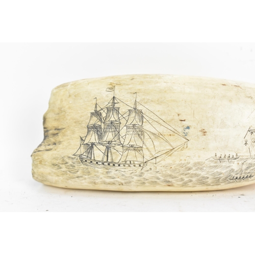 130 - A 19th century whales tooth scrimshaw, incised with an image to one side depicting a scene of a sail... 