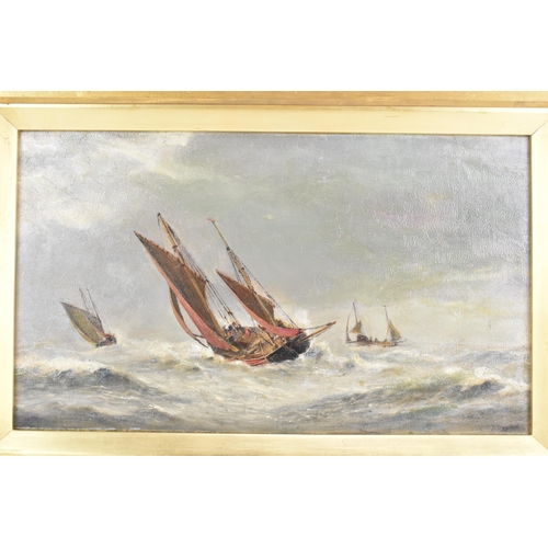 137 - An oil on canvas seascape depicting sailing boats on a rough sea, inscribed 'Richard Henry Nibbs' to... 