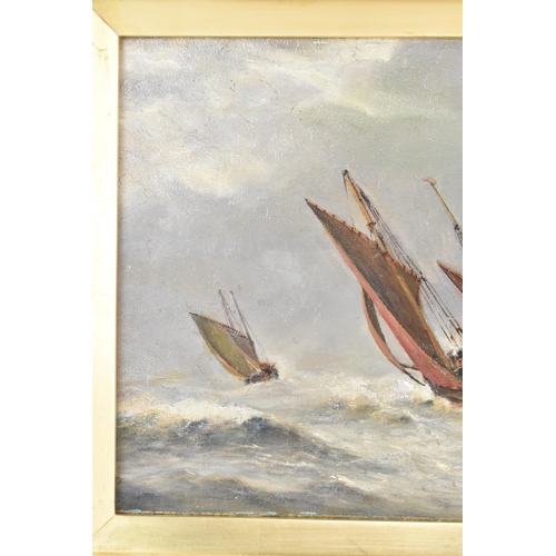 137 - An oil on canvas seascape depicting sailing boats on a rough sea, inscribed 'Richard Henry Nibbs' to... 