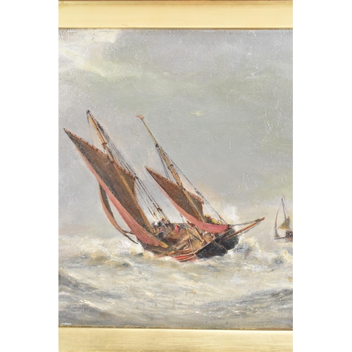 137 - An oil on canvas seascape depicting sailing boats on a rough sea, inscribed 'Richard Henry Nibbs' to... 