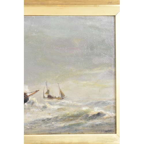 137 - An oil on canvas seascape depicting sailing boats on a rough sea, inscribed 'Richard Henry Nibbs' to... 