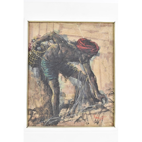 14 - Prayat Pongham (Thai 1934-2014) - A mixed media on board depicting a fisherman, signed to the lower ... 