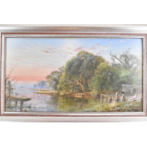 140 - William Gosling (1824-1883) - A watercolour lake scene depicting a man fishing with cows to the back... 