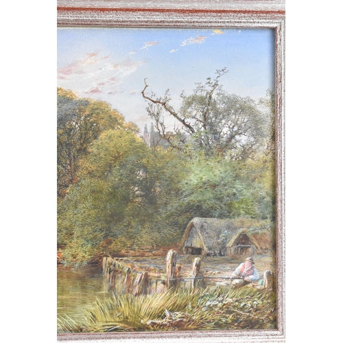 140 - William Gosling (1824-1883) - A watercolour lake scene depicting a man fishing with cows to the back... 