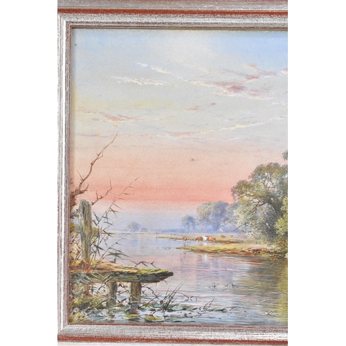 140 - William Gosling (1824-1883) - A watercolour lake scene depicting a man fishing with cows to the back... 