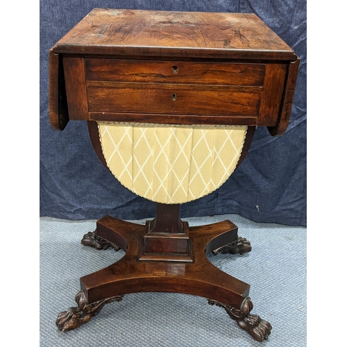 144 - A William IV rosewood sewing table, having two fall flaps, two drawers above a sewing basket, waiste... 