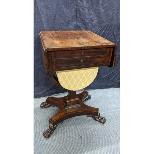 144 - A William IV rosewood sewing table, having two fall flaps, two drawers above a sewing basket, waiste... 