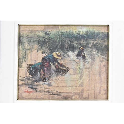 15 - Prayat Pongham (Thai 1934-2014) - A mixed media on board depicting a three figures fishing, signed t... 