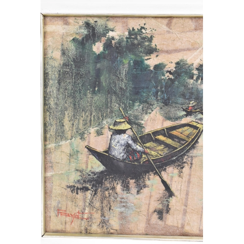 16 - Prayat Pongham (Thai 1934-2014) - A mixed media on board depicting figures on river boats, signed to... 