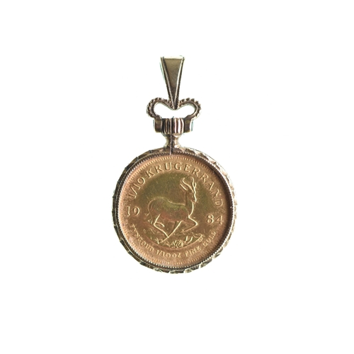 163 - South Africa - 1⁄10 Krugerrand , 1⁄10 Fine gold, dated 1984, inset in a yellow metal pendant, tests ... 