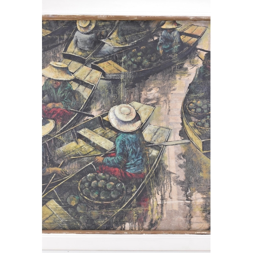 17 - Prayat Pongham (Thai 1934-2014) - A large mixed media on board depicting figures on river boats with... 