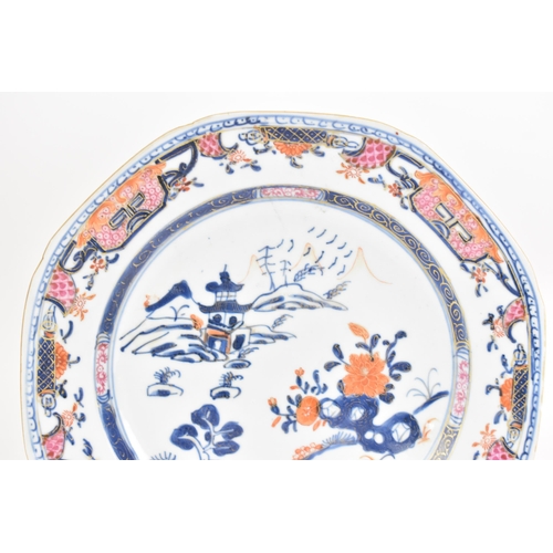 2 - A pair of Chinese export Imari Famille Rose dishes, Qianlong, mid 18th century, each having landscap... 