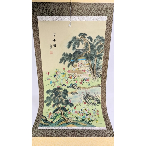 24 - Three 20th century Chinese scroll paintings to include one depicting cranes in a mountain landscape ... 