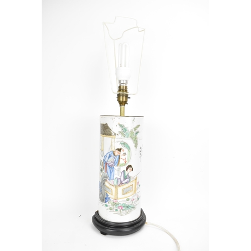 4 - A Chinese Famille Rose hat stand converted to a table lamp, late Qing dynasty, decorated with figure... 