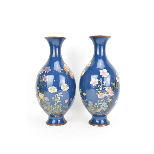 59 - A pair of Japanese Meiji period cloisonne vases, each of baluster form, decorated with chrysanthemum... 