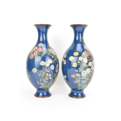 59 - A pair of Japanese Meiji period cloisonne vases, each of baluster form, decorated with chrysanthemum... 