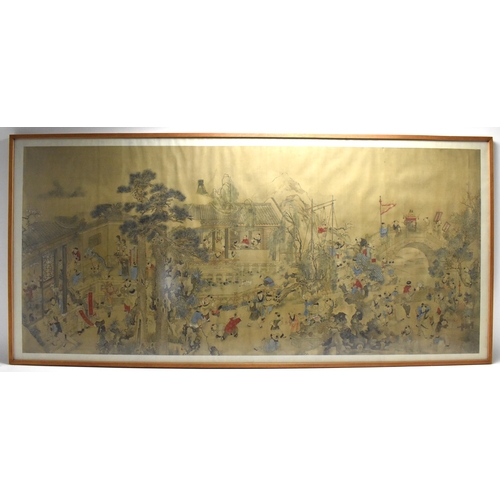 70 - A large Chinese Qing dynasty ink and colour on silk painting, 19th century, depicting a festival sce... 