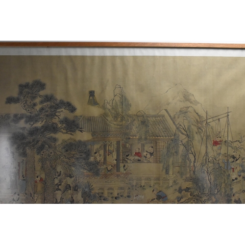 70 - A large Chinese Qing dynasty ink and colour on silk painting, 19th century, depicting a festival sce... 