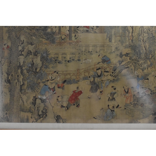 70 - A large Chinese Qing dynasty ink and colour on silk painting, 19th century, depicting a festival sce... 