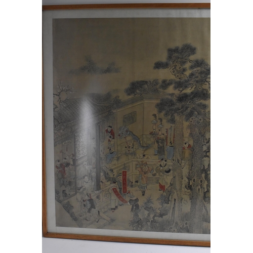 70 - A large Chinese Qing dynasty ink and colour on silk painting, 19th century, depicting a festival sce... 