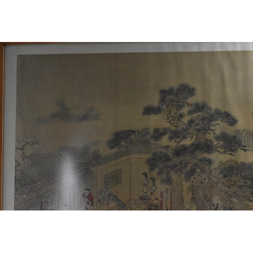 70 - A large Chinese Qing dynasty ink and colour on silk painting, 19th century, depicting a festival sce... 