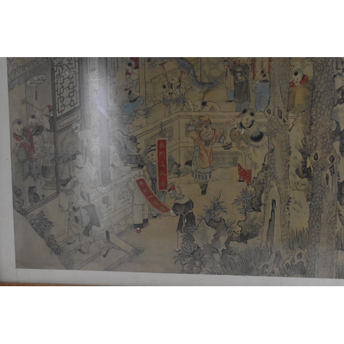 70 - A large Chinese Qing dynasty ink and colour on silk painting, 19th century, depicting a festival sce... 