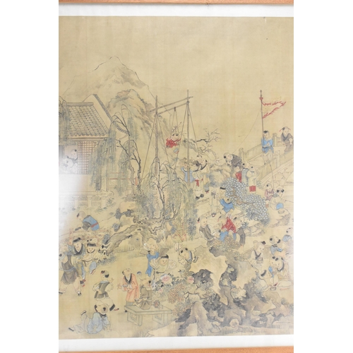 70 - A large Chinese Qing dynasty ink and colour on silk painting, 19th century, depicting a festival sce... 