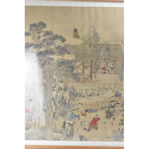 70 - A large Chinese Qing dynasty ink and colour on silk painting, 19th century, depicting a festival sce... 