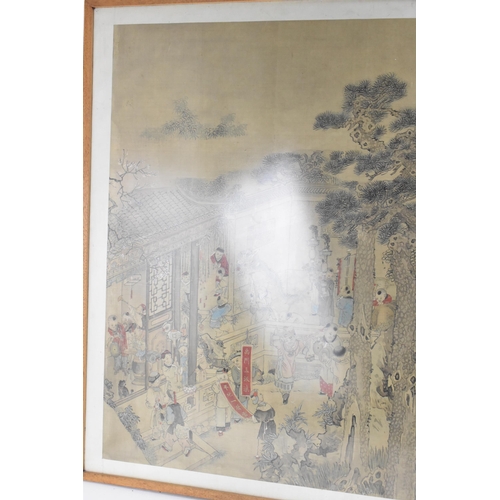 70 - A large Chinese Qing dynasty ink and colour on silk painting, 19th century, depicting a festival sce... 