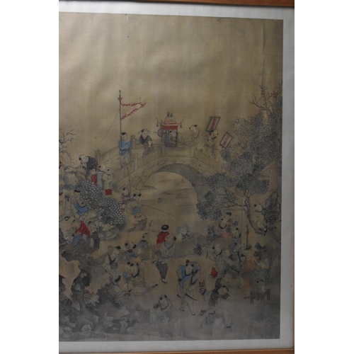 70 - A large Chinese Qing dynasty ink and colour on silk painting, 19th century, depicting a festival sce... 