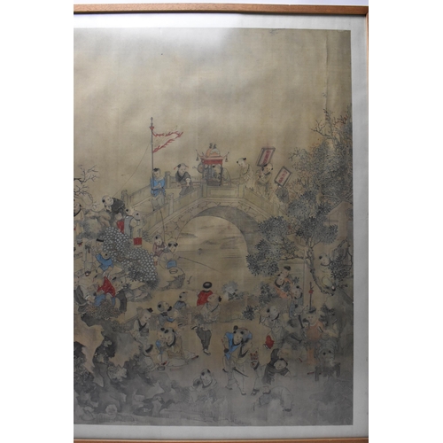 70 - A large Chinese Qing dynasty ink and colour on silk painting, 19th century, depicting a festival sce... 