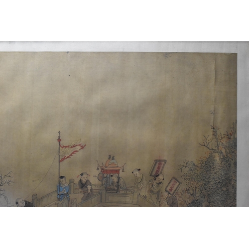 70 - A large Chinese Qing dynasty ink and colour on silk painting, 19th century, depicting a festival sce... 