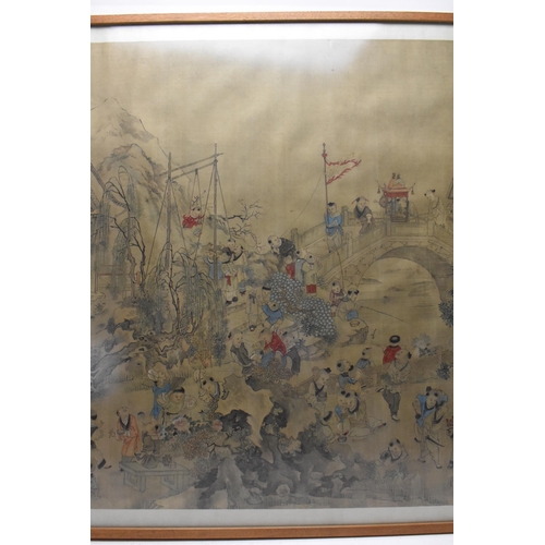 70 - A large Chinese Qing dynasty ink and colour on silk painting, 19th century, depicting a festival sce... 