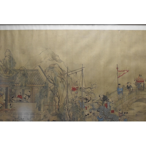 70 - A large Chinese Qing dynasty ink and colour on silk painting, 19th century, depicting a festival sce... 