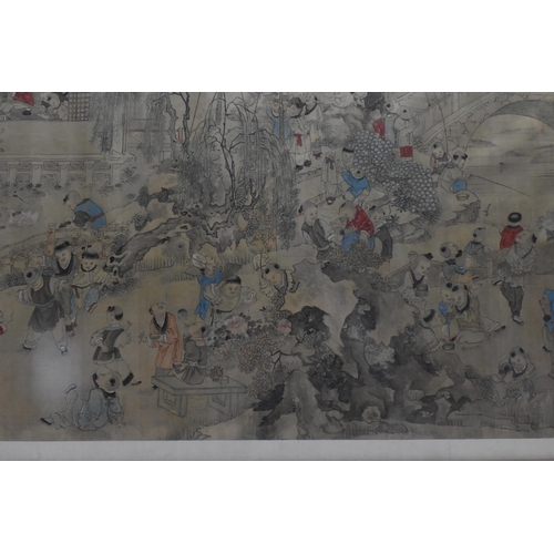 70 - A large Chinese Qing dynasty ink and colour on silk painting, 19th century, depicting a festival sce... 