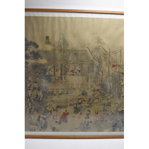 70 - A large Chinese Qing dynasty ink and colour on silk painting, 19th century, depicting a festival sce... 