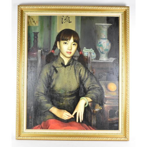 78 - Chinese school - A large 20th century oil on canvas depicting a portrait of a young woman, seated on... 