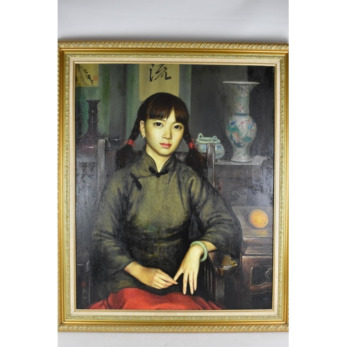 78 - Chinese school - A large 20th century oil on canvas depicting a portrait of a young woman, seated on... 