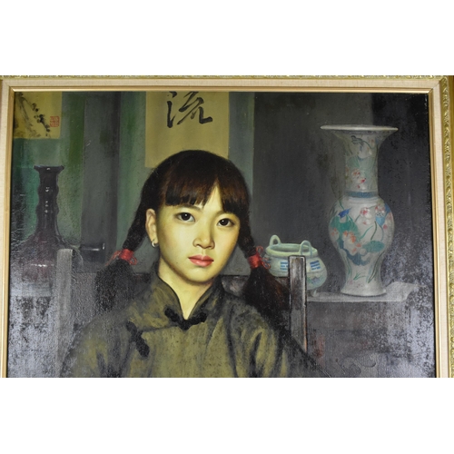 78 - Chinese school - A large 20th century oil on canvas depicting a portrait of a young woman, seated on... 