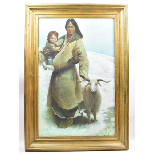 79 - A 20th century oil on canvas depicting a native mother holding her child and stood next to a goat, i... 