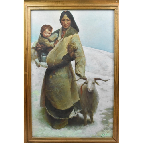 79 - A 20th century oil on canvas depicting a native mother holding her child and stood next to a goat, i... 