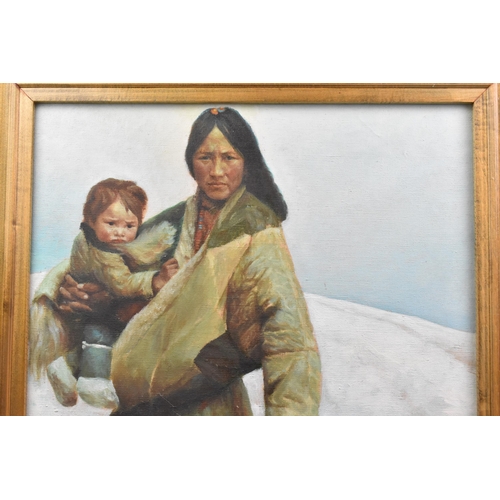 79 - A 20th century oil on canvas depicting a native mother holding her child and stood next to a goat, i... 