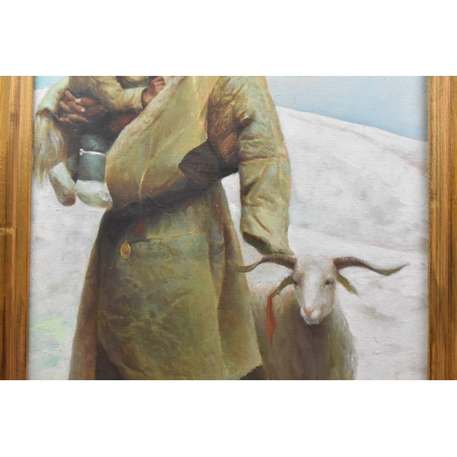 79 - A 20th century oil on canvas depicting a native mother holding her child and stood next to a goat, i... 