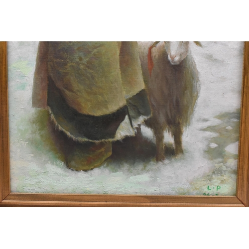 79 - A 20th century oil on canvas depicting a native mother holding her child and stood next to a goat, i... 